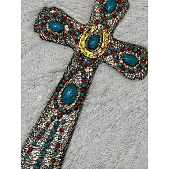 NWOT Montana West 14” Rustic Southwestern Turquoise Accent Horseshoe Wall Cross - Picture 5 of 8